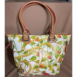 Tignanello Leather & Canvas Tote Bag Purse With Floral Insects & Chain Print